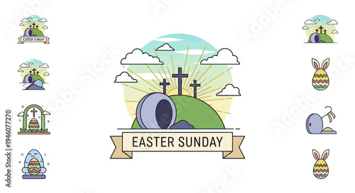 Easter Sunday Resurrection Scene with Empty Tomb and Crosses