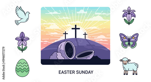 Easter Sunday Resurrection Scene with Empty Tomb, Crosses, and Symbols