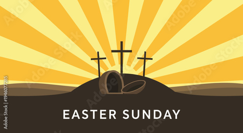 Easter Sunday Resurrection Sunrise with Empty Tomb and Three Crosses