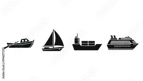 Collection of various types of boats and ships depicted as simple black icons on a white background