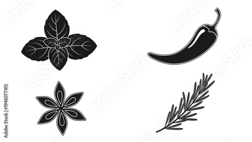 Compilation of Black and White Silhouettes of Spices and Herbs for Culinary Use