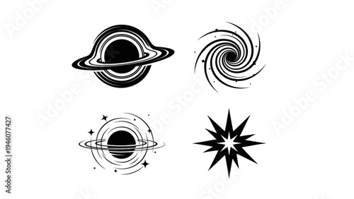 Cosmic Icons Set Featuring Black Holes Galaxies and Stars for Science and Space Themes