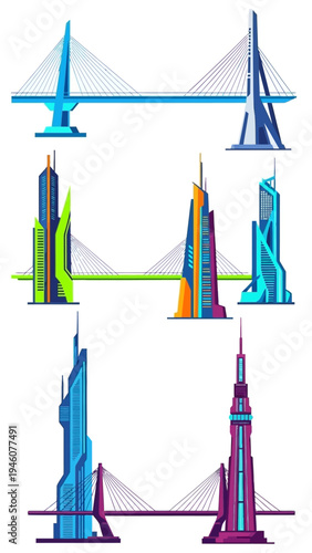 Futuristic bridges and skyscrapers with modern architectural designs