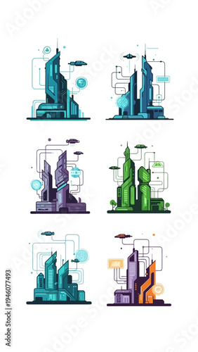 Futuristic cityscapes with modern buildings and advanced technology elements in vibrant colors