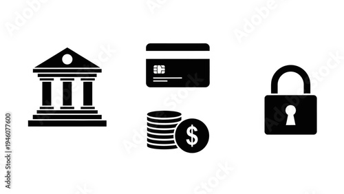 Financial security icons representing banking credit cards coins and a padlock
