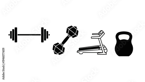 Fitness Equipment Icons Set Treadmill Dumbbell Barbell Kettlebell Silhouette