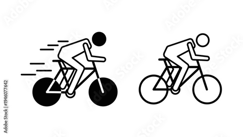 Iconic representation of a cyclist in motion and a static cyclist on a white background