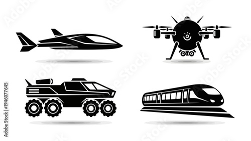 Futuristic transportation vehicles including airplane drone car and train icons
