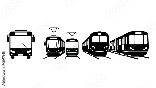 Iconic silhouettes of public transportation modes including a bus and trains
