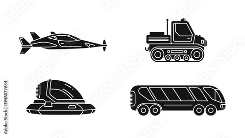 Futuristic vehicles collection including an airplane hovercraft rover and bus