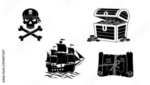 Iconic pirate symbols including a skull and crossbones a ship a treasure chest and a map
