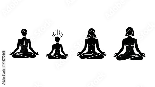 Illustrations of women in yoga poses meditating in a lotus position on white background