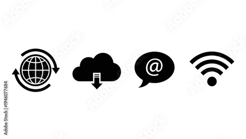 Internet Technology Icons Representing Global Connectivity Cloud Storage Communication and Wi-Fi