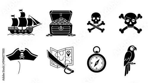 Pirate Themed Icons Collection Featuring Ship Treasure Skull Map Compass and Parrot