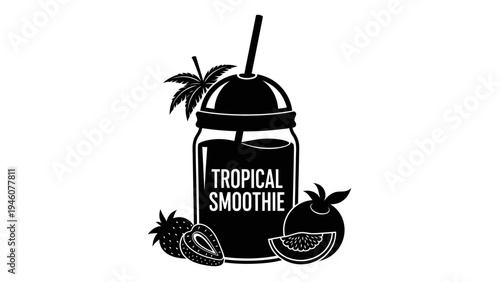 Refreshing tropical smoothie with fresh fruits and palm leaf decoration