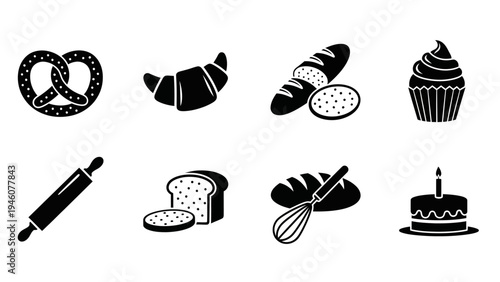Set of black and white bakery icons for food and baking themes minimal 50 characters, maximum 100