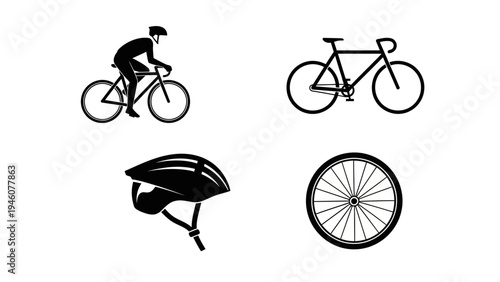 Set of black and white bicycle icons and accessories for cycling enthusiasts