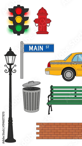 Urban Street Scene Elements Collection Featuring Traffic Light Hydrant Lamp Post and Taxi