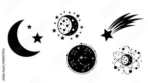 Set of celestial body icons and symbols for astronomy and science illustration