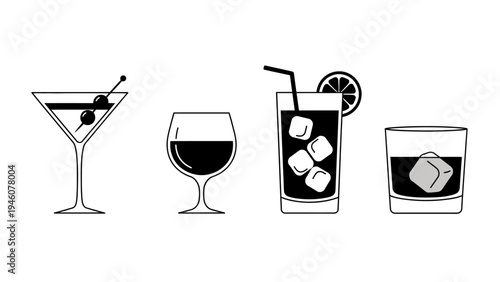 Set of stylized beverage icons featuring cocktails wine and spirits on a white background