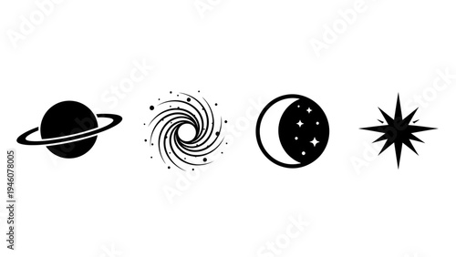 Set of stylized celestial icons featuring a planet, galaxy, moon, and star