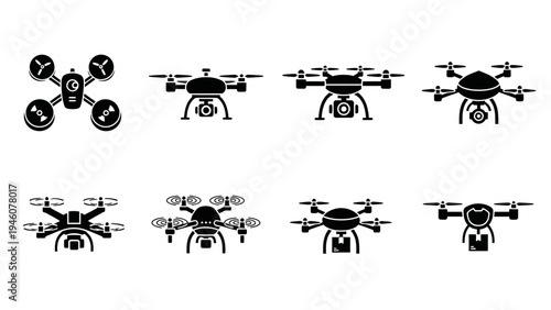 Set of various drone icons showcasing different designs and functionalities in black and white