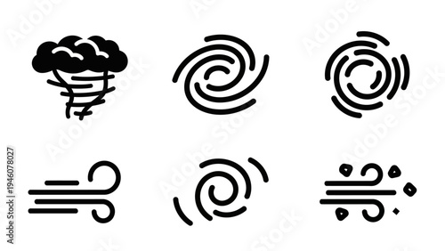 Set of weather icons representing storms and wind in a simple graphic style