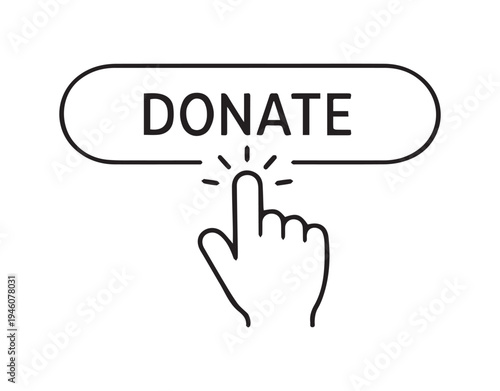 Donate Icon Vector, Online Donate outline Button icon hand, donation button, donate money online icon, donation icon, donate button click symbol, donate fundraising button logo, charity icon pressing.