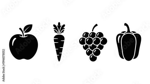 Simple and clean black and white icons of apple carrot grapes and bell pepper representing healthy