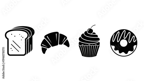 Simple black and white icons of popular baked goods including bread croissant cupcake and donut