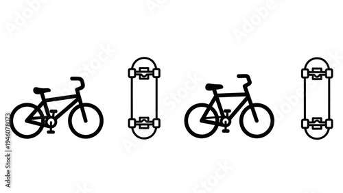 Simple black and white icons of bicycles and skateboards on a white background