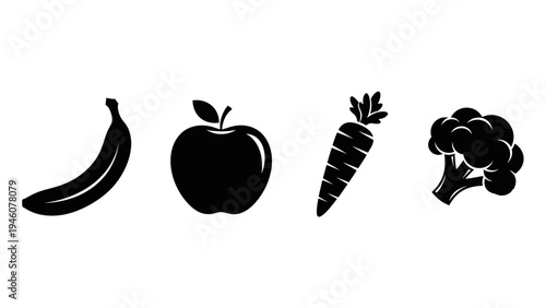 Simple black and white icons representing fresh fruits and vegetables for healthy eating designs