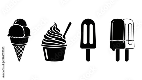 Simple black and white vector icons representing various types of ice cream desserts