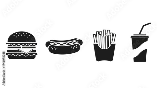 Simple black icons of popular fast food items including a burger hot dog fries and a drink