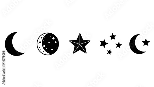 Simple Black Icons Representing Celestial Bodies Moon Phases and Stars