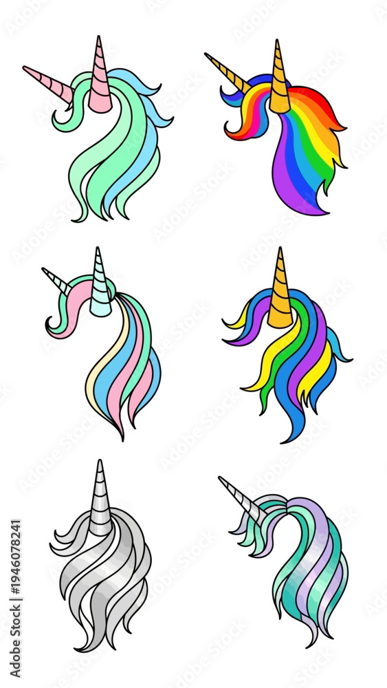 Obraz premium Whimsical unicorn heads with flowing manes in vibrant and pastel colors, ideal for fantasy themes