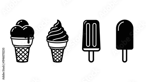 Vector illustration of ice cream cones and popsicles in black and white minimalistic style