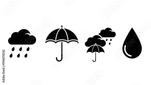 Weather icons showing rain clouds umbrellas and a water drop