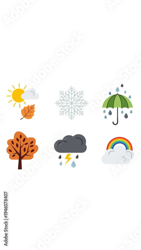 A collection of weather icons depicting seasonal changes and meteorological phenomena