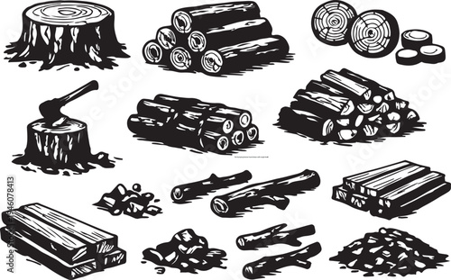 wood raw materials in sketch style 