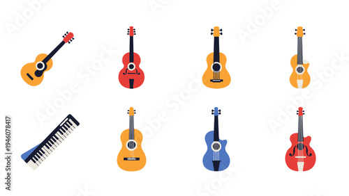 A vibrant collection of illustrated musical instruments including guitars and a keyboard