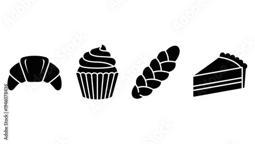 Assortment of baked goods icons including croissant cupcake bread and cake slices