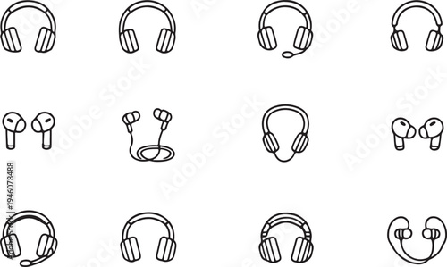 Headphone silhouette outline icon set