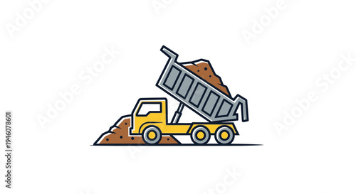 Yellow Dump Truck Unloading Earth Moving Dirt on a Construction Site, Cartoon Style Illustration on an Isolated White Background