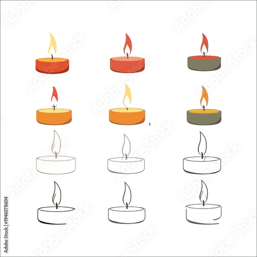 Hand drawn tea light candle icon set. Burning candle collection