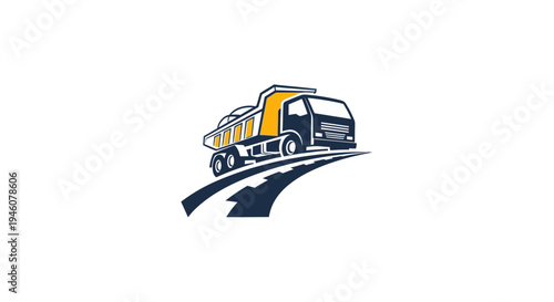 Modern Yellow and Blue Dump Truck Driving on a Road Logo Design on an Isolated White Background