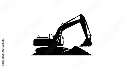 Black Silhouette of an Excavator Digging Earth Moving on a Construction Site on an Isolated White Background