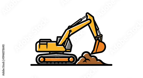 Yellow Excavator Digging Earth Moving Dirt on a Construction Site, Cartoon Style Illustration on an Isolated White Background