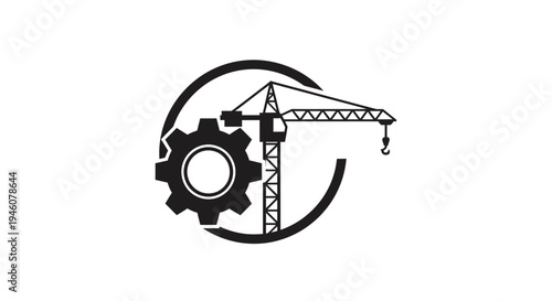 Industrial Construction Crane and Gear Logo Icon in Black and White on an Isolated White Background