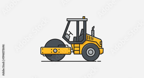 Yellow Road Roller Compactor Machine Icon in Outline Style on an Isolated White Background